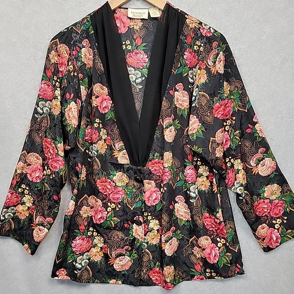 Vintage Victoria's Secret GOLD Label Sz M Black‎ Floral Satin Kimono Jacket Top